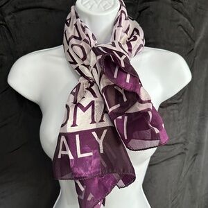 Women’s purple and white Italy scarf, size approximately 36” x 37”